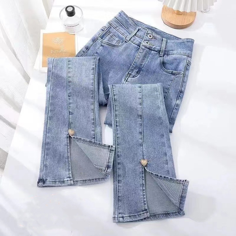 高腰微喇牛仔裤女开叉秋季2025年新款显瘦小个子八分九分喇叭裤子