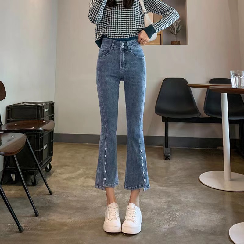 浅色喇叭牛仔裤女春季2025年新款高腰开叉九分小个子微喇裤子秋装