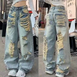街头辣妹乞丐破洞牛仔裤复古宽松