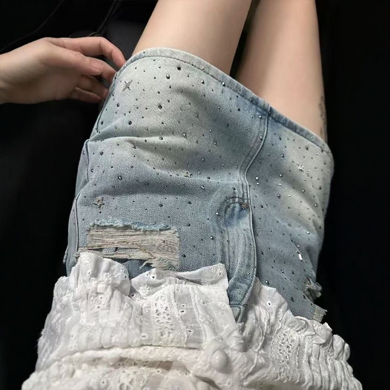 美式烫钻牛仔短裙女夏季新款设计感高腰复古破洞a字包臀半身裙子