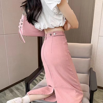 粉色开叉牛仔半身裙A字中长裙子