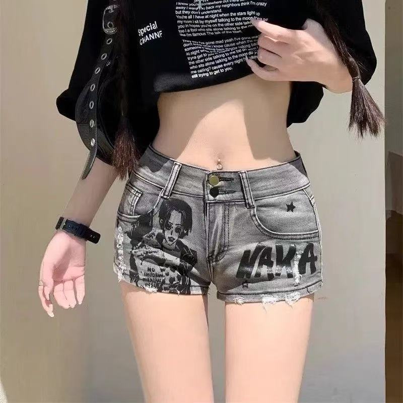 美式复古高街辣妹牛仔超短裤女夏季新款显瘦设计感印花休闲热裤子