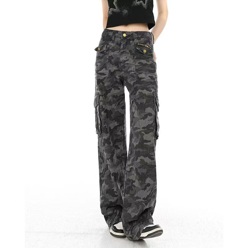 迷彩工装裤女春秋季酷飒风美式高街牛仔裤梨形身材显瘦直筒长裤子