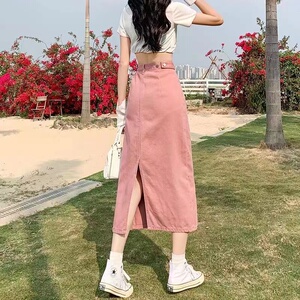 脏粉色高腰开叉牛仔半身裙中长裙