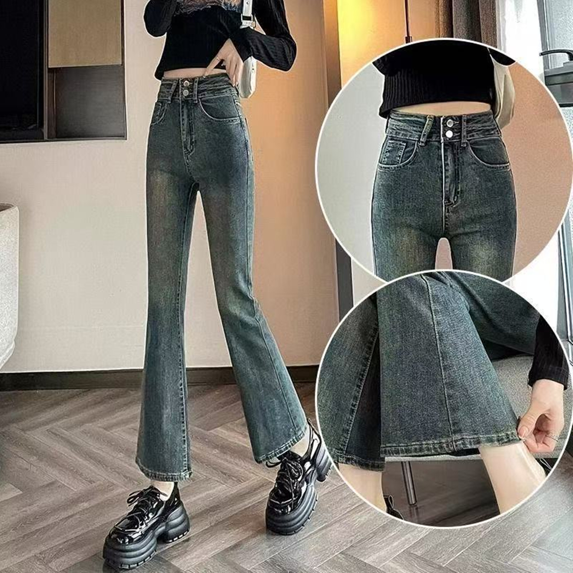 微喇牛仔裤高腰显高修身九分拖地