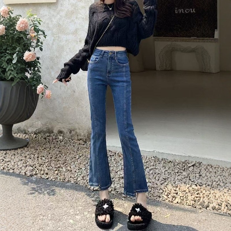 2026年春秋新款高腰显瘦微喇牛仔裤女设计感小众小个子八分喇叭裤