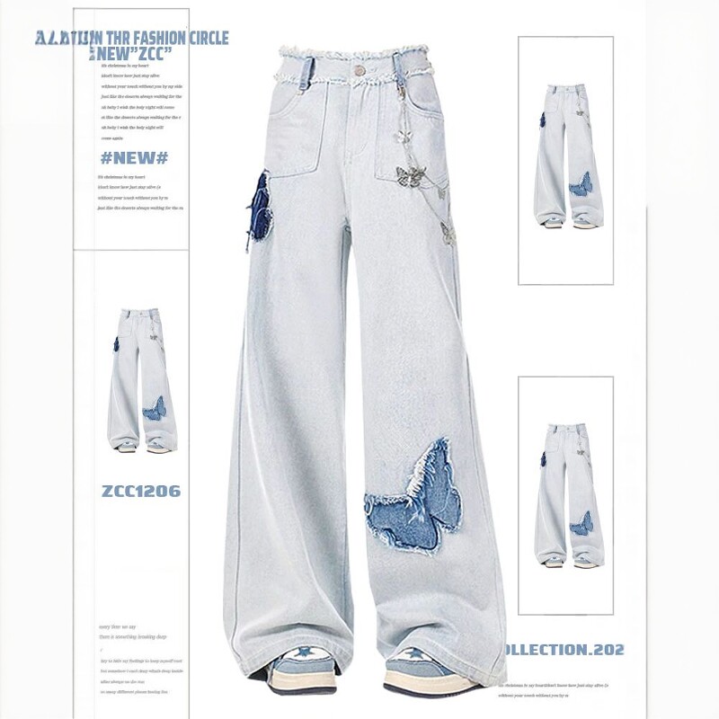 美式高街蝴蝶结贴布设计宽松牛仔裤女新款高腰显瘦阔腿直筒长裤子