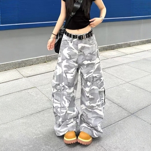 美式复古高街多口袋迷彩工装牛仔裤女vibe宽松百搭休闲阔腿直筒裤