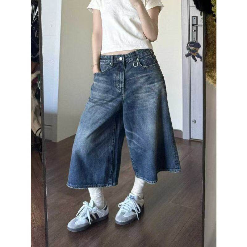 大码胖mm美式复古街头水洗阔腿牛仔短裤女夏季做旧小众百搭七分裤