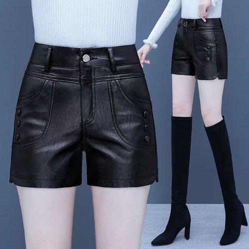 秋冬皮短裤女新款加绒大码百搭显瘦PU皮裤女短裤韩版外穿打底靴裤
