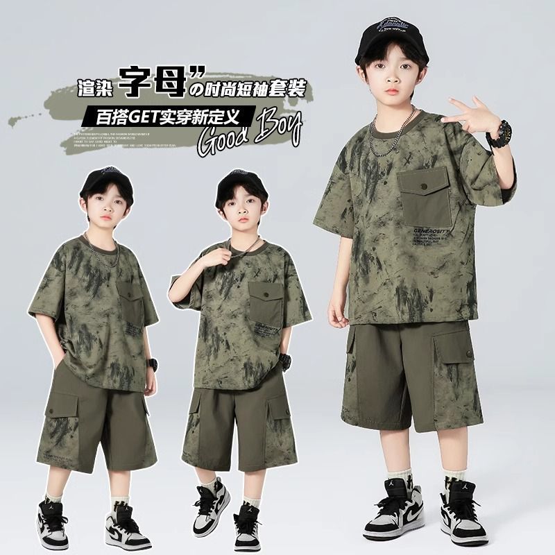 男童夏装迷彩套装韩版薄款中大童表演服夏季工装裤短袖男孩两件套