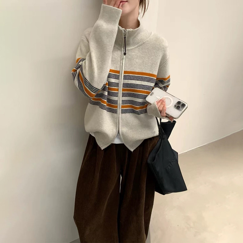 高级感韩版条纹撞色拉链100%羊毛针织开衫女宽松百搭保暖毛衣外套