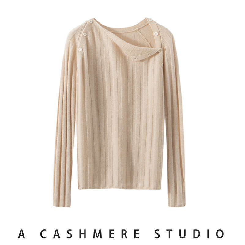 轻奢高级感双肩带扣山羊绒衫女圆领坑条针织打底衫宽松毛衣百搭女,女装/女士精品,羊绒衫,淘宝优惠券,粉丝福利购,淘宝优惠卷
