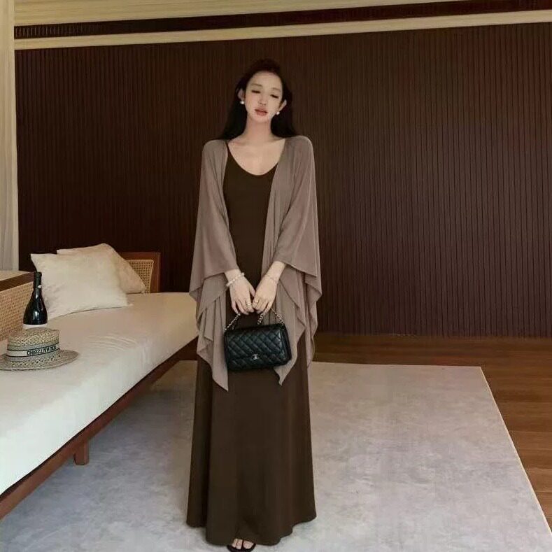 气质套装慵懒风不规则披肩开衫外套女装夏季收腰吊带连衣裙两件套