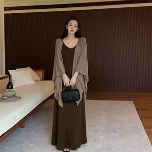 气质套装慵懒风不规则披肩开衫外套女装夏季收腰吊带连衣裙两件套