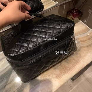 HEYONI韩国巨大容量黑色手提化妆包女菱格高级分格收纳旅行洗漱包