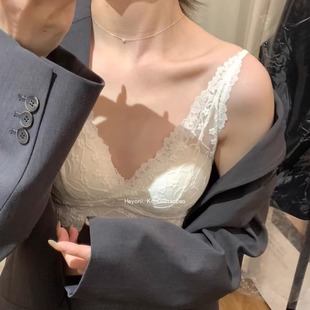 美背 HEYONI韩国巨美v领蕾丝吊带背心女外穿度假带胸垫bra内衣修身