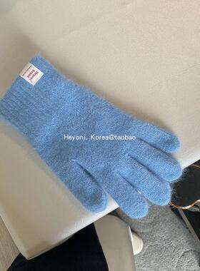 HEYONI定制款韩国兔毛手套男蓝色冬季保暖防寒骑行分指可触屏加厚