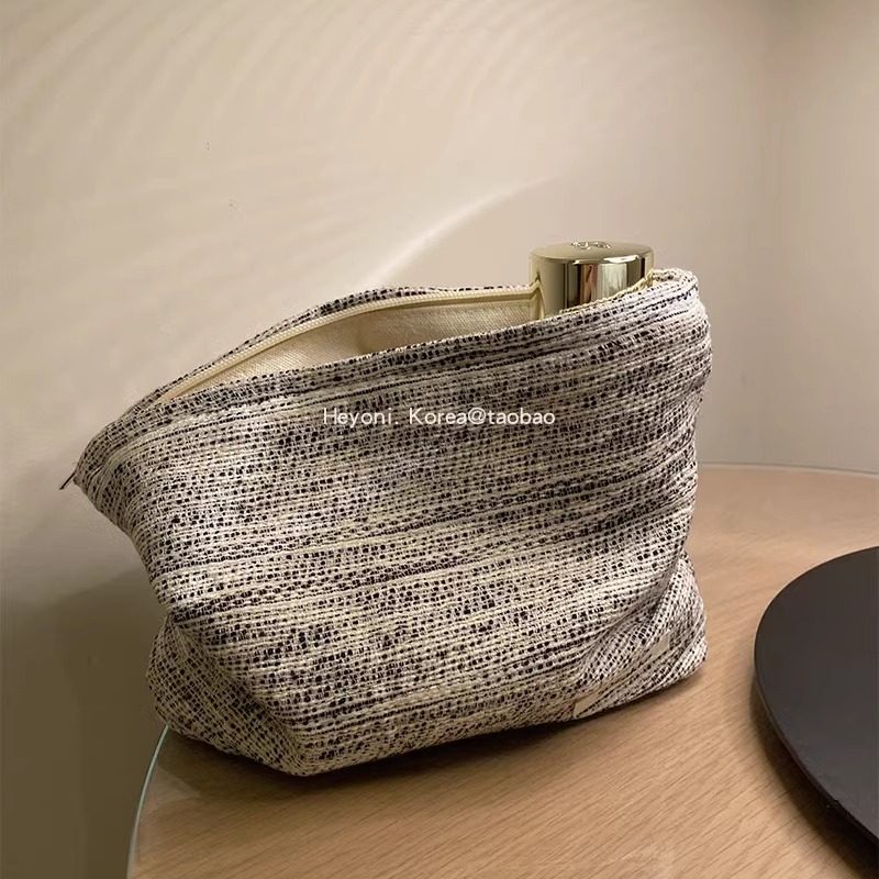 HEYONI韩国条纹编织纹理大容量化妆包女复古帆布小众便携收纳袋