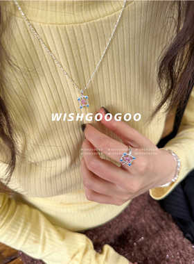 WISHGOOGOO韩国方形几何项链女自制925纯银锆石镶嵌ins风送礼颈链