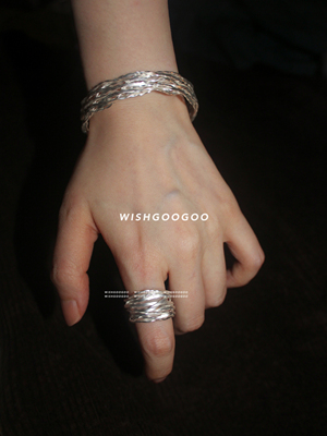 WISHGOOGOO多层编织戒指手镯女韩系ins清冷柔光哑银白缠绕配饰