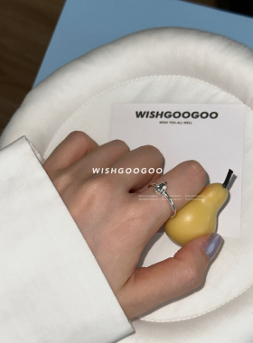 WISHGOOGOO立体小胖梨戒指女925纯银韩国ins水果可爱锆石开口戒