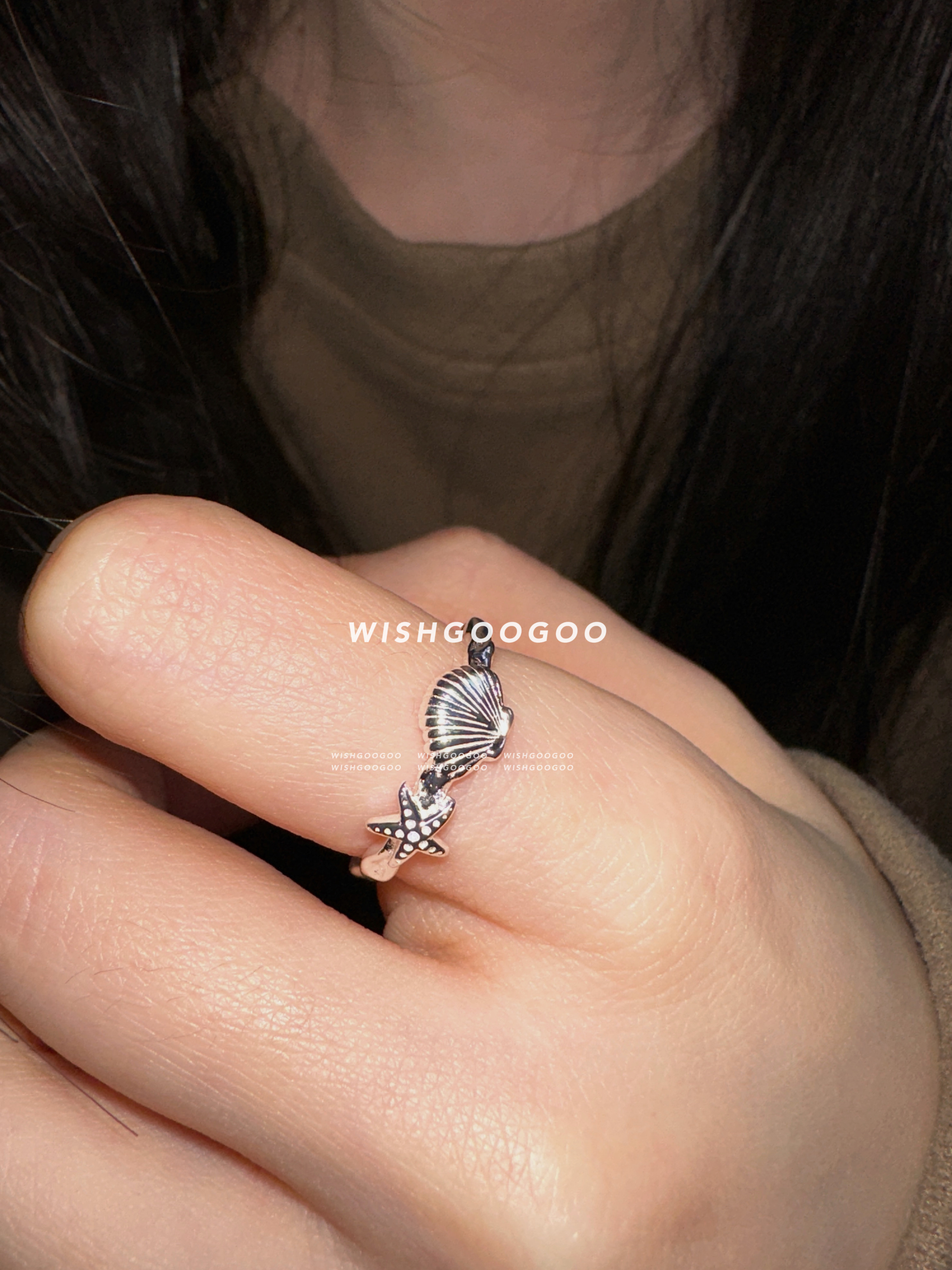 WISHGOOGOO贝壳海星戒指女ins韩国小众设计简约999足银星星开口戒