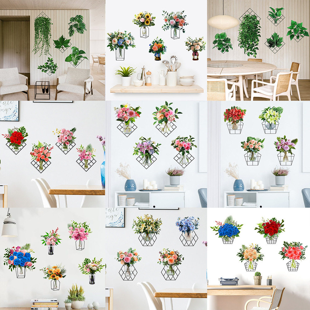 昆尚新款网格花瓶玫瑰花朵绿植吊篮自粘墙贴画客厅卧室走廊装饰画
