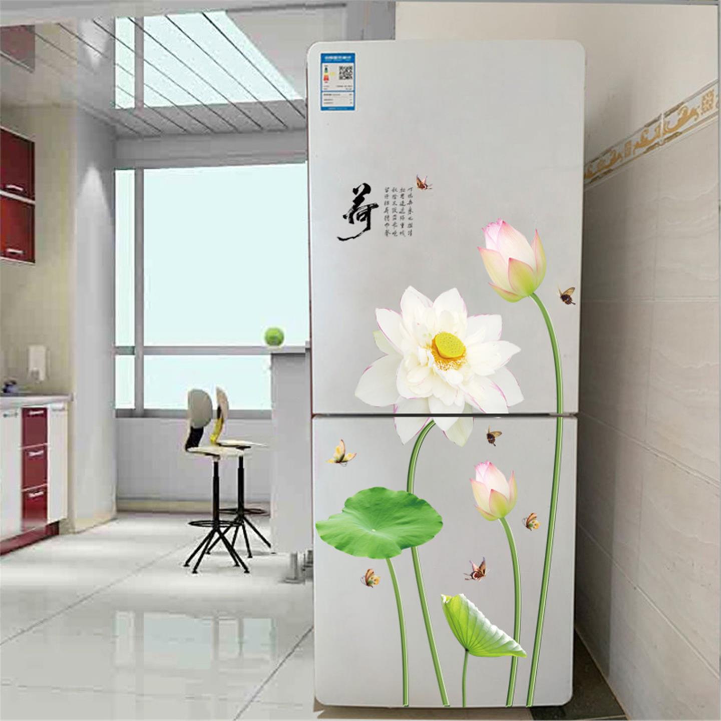 中国风荷花瓶创意个性冰箱贴3D立体墙面装饰画贴纸自粘可移除翻新图片