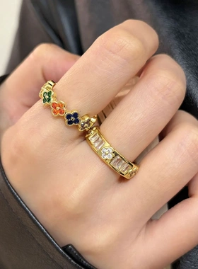 S925纯银彩色小花镶钻戒指女开口可调节小众高级感轻奢食指戒新品