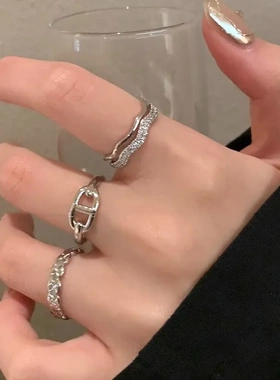 波浪线微镶钻戒指女小众设计高级感开口个性百搭食指戒冷淡风新款