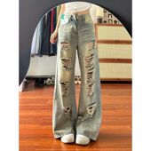 女夏季 高街做旧复古辣妹百搭拖地裤 新款 美式 宽松阔腿裤 破洞牛仔裤