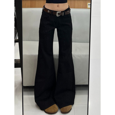 黑色水洗微喇阔腿牛仔裤女
