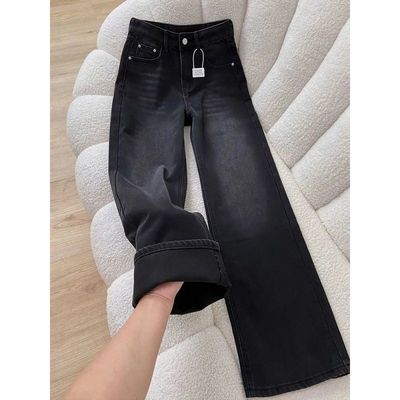 黑灰色加绒加厚窄版阔腿牛仔裤女2025年新款冬季高腰直筒裤子潮款