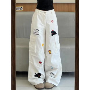 美式高街白色小狗刺绣工装裤女夏季设计感宽松显瘦垂感阔腿拖地裤