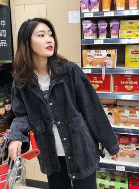 2021春季韩版黑色工装中长款牛仔外套女宽松bf港风复古大口袋学生