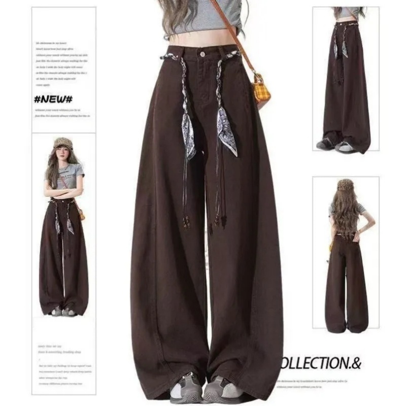 美式复古显瘦阔腿弯刀牛仔裤女秋季新款百搭宽松休闲遮肉拖地裤子