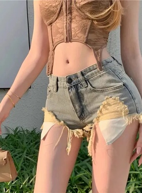 辣妹漏口袋牛仔短裤女宽松显瘦破洞A字裤夏季蓝色阔腿毛边热裤子