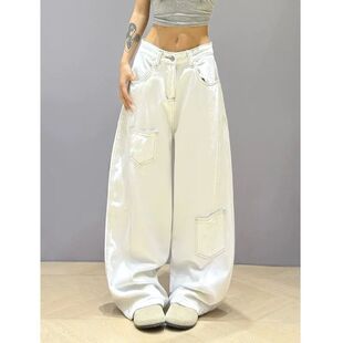 宽松高腰瘦高腰阔拖地 2025夏新款 美式 高街白色明线设计弯刀牛仔裤