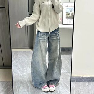 美式水洗复古弯刀牛仔裤新款秋季感显设计宽松镰刀显瘦百搭拖地裤