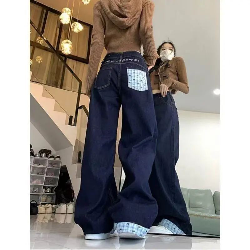 蝴蝶结设计卷边格子阔腿牛仔裤