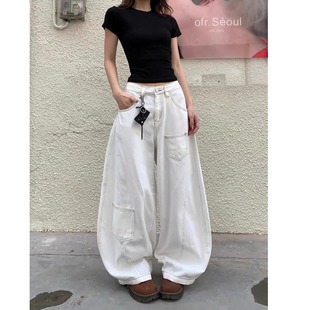 显瘦宽松明显口袋设计垂感长裤 美式 女款 牛仔裤 复古白色阔腿弯刀裤