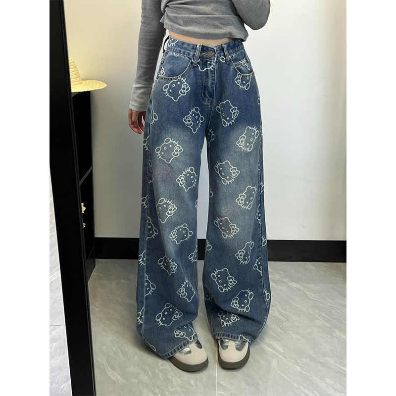 hellokitty牛仔裤女春季2025新款设计感印花水洗宽松显瘦拖地长裤,女装/女士精品,牛仔裤,淘宝优惠券,粉丝福利购,淘宝优惠卷