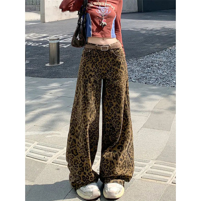 美式高街复古豹纹阔腿牛仔裤女