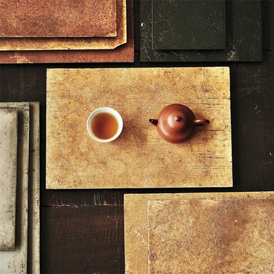 瘦马手作木胎大漆金银箔哑光茶盘