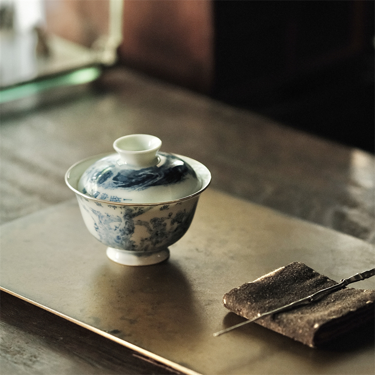 不亦室 一栢 青花白瓷盖碗 茶杯 包银口 落墨盖碗