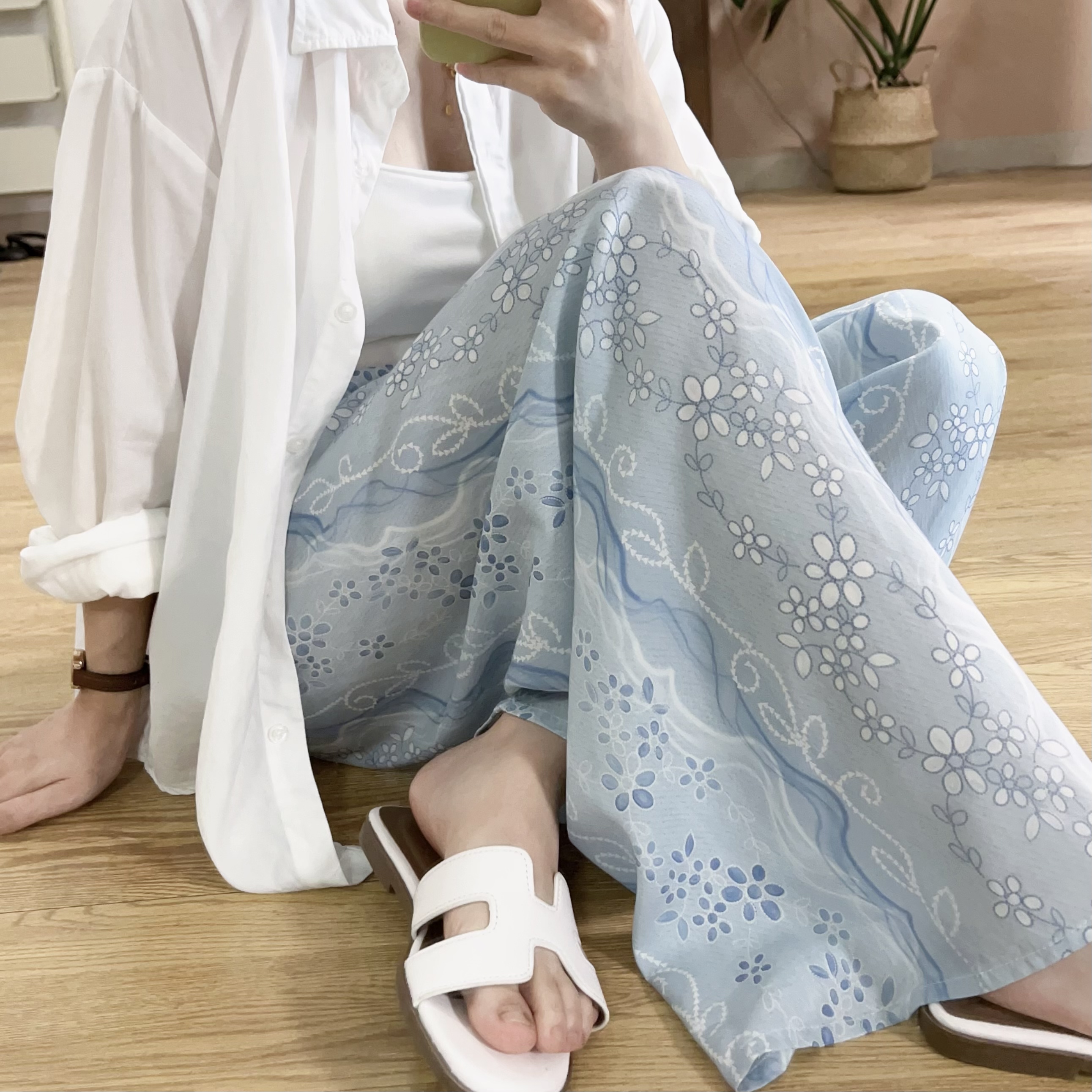 夏季新款棉綢褲2025女士薄款家居外穿寬松棉綢印花闊腿褲棉綢褲