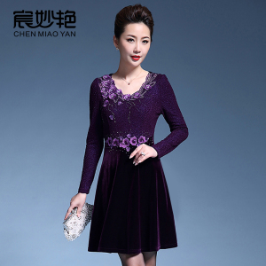 宸妙艳高贵优雅小个子妈妈装丝绒连衣裙洋气阔太太修身显瘦A字裙