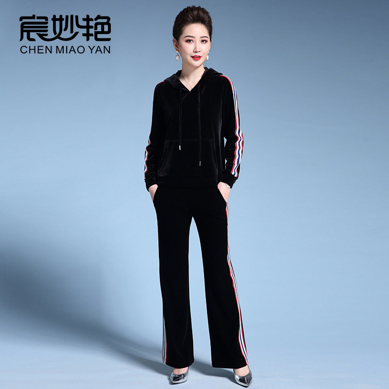 妈妈装秋冬新款外套洋气上衣阔太太中老年女金丝绒运动套装两件套