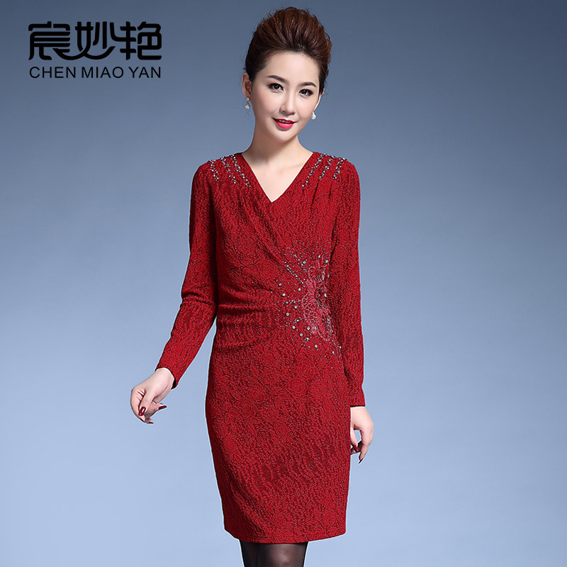 妈妈装连衣裙大码红色婚宴礼服